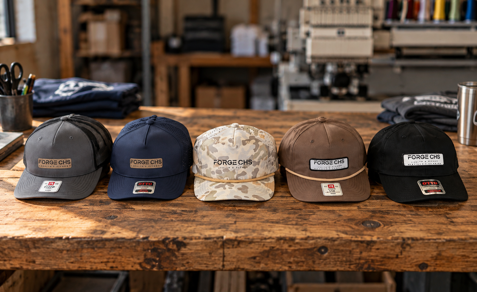 Finished embroidered hats from a hosted shop lined up in the Driftwood workshop