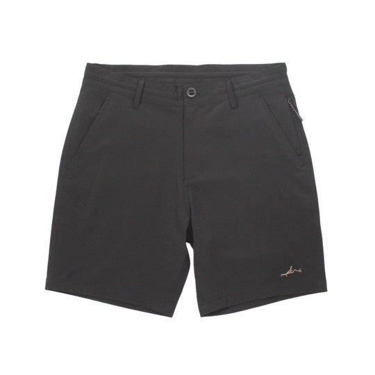 A pair of black Hybrid Pro shorts with functional pockets, a polished look, and a minimalist logo.