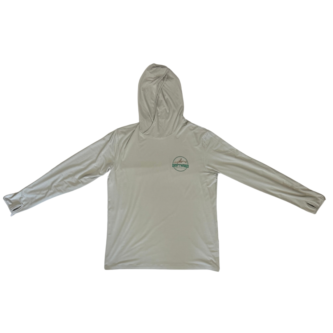 A heather gray long sleeve hoodie with a hood, displayed on a plain background.