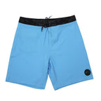 Light blue boardshorts with a black camo waistband and black camo back pocket, featuring a subtle black Driftwood Apparel logo.