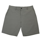 A pair of gray hybrid shorts with back zipper pockets and a subtle logo patch.