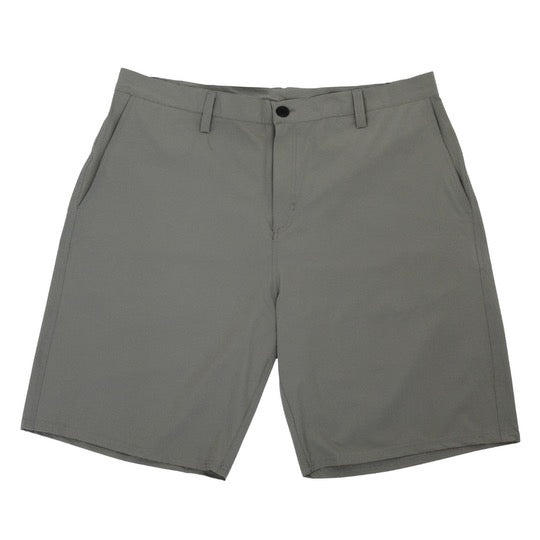 A pair of gray hybrid shorts with back zipper pockets and a subtle logo patch.