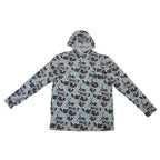 A light blue camo hoodie with long sleeves, featuring a hood and a front chest pocket.