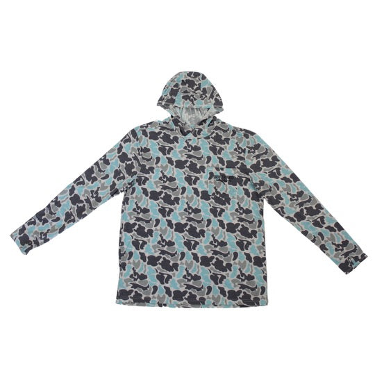 A light blue camo hoodie with long sleeves, featuring a hood and a front chest pocket.